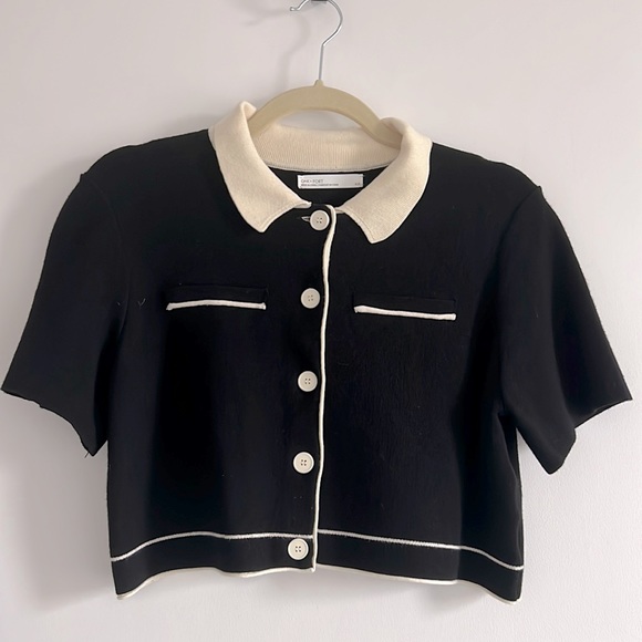 OAK + FORT Sweaters - Oak and Fort Black and Offwhite Collared Cropped Sweater